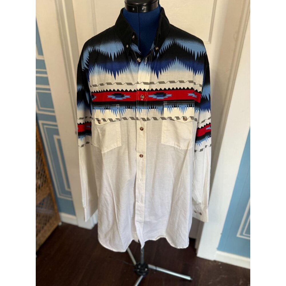 VTG 80s-90s Alamosa Western Button-Up Shirt with Bold Colorful Aztec Style - XL